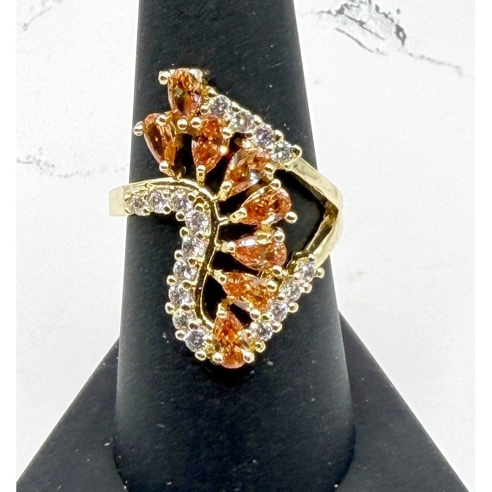 Citrine Color Statement Ring Gold Tone Stainless Steel Fan Halo Size 7.75 VIDEO